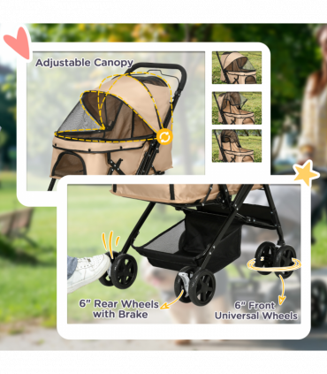 Pet Stroller Dog Foldable Travel Carriage with Reversible Handle, Brown