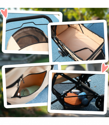 Pet Stroller Dog Foldable Travel Carriage with Reversible Handle, Brown