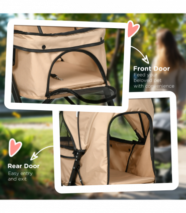 Pet Stroller Dog Foldable Travel Carriage with Reversible Handle, Brown