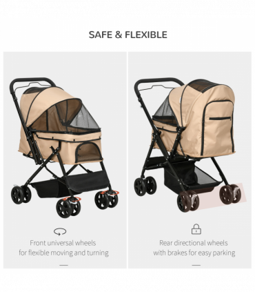 Pet Stroller Dog Foldable Travel Carriage with Reversible Handle, Brown