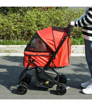 Pet Stroller Foldable Travel Dog Cat Carriage w/ Reversible Handle Brake Basket