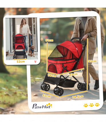 Pet Stroller Foldable Travel Dog Cat Carriage w/ Reversible Handle Brake Basket