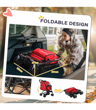 Pet Stroller Foldable Travel Dog Cat Carriage w/ Reversible Handle Brake Basket