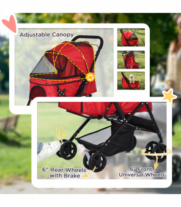 Pet Stroller Foldable Travel Dog Cat Carriage w/ Reversible Handle Brake Basket