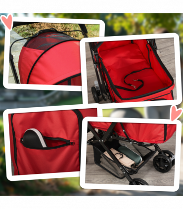 Pet Stroller Foldable Travel Dog Cat Carriage w/ Reversible Handle Brake Basket