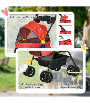 Pet Stroller No-Zip Foldable Travel Carriage with Brake Basket Adjustable Canopy