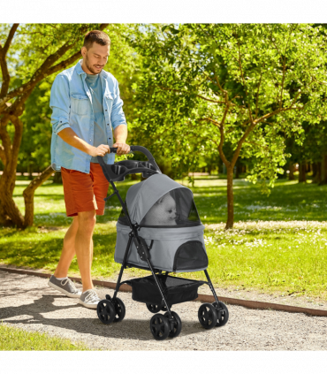 Pet Stroller No-Zip Foldable Travel Carriage with Brake Basket Adjustable Canopy
