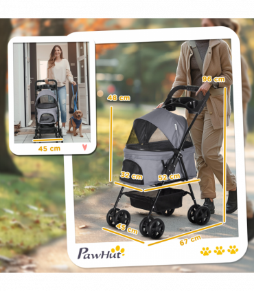 Pet Stroller No-Zip Foldable Travel Carriage with Brake Basket Adjustable Canopy