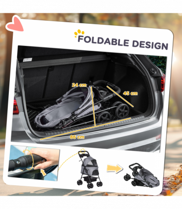 Pet Stroller No-Zip Foldable Travel Carriage with Brake Basket Adjustable Canopy