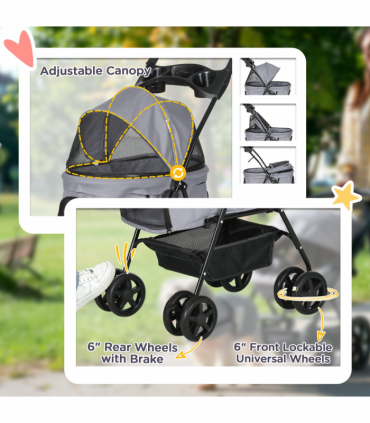 Pet Stroller No-Zip Foldable Travel Carriage with Brake Basket Adjustable Canopy