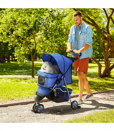 Pet Stroller Pushchair Carrier for Cat Puppy with 3 Wheels Blue Pawhut