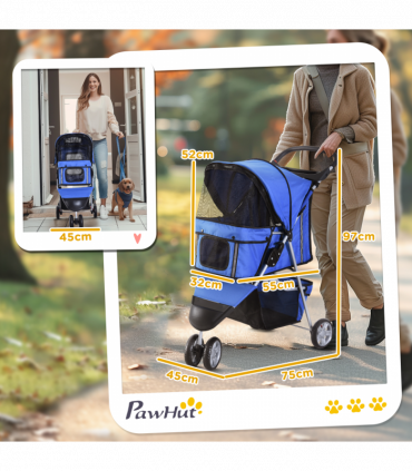 Pet Stroller Pushchair Carrier for Cat Puppy with 3 Wheels Blue Pawhut