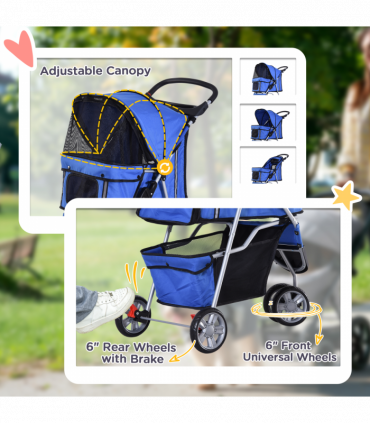 Pet Stroller Pushchair Carrier for Cat Puppy with 3 Wheels Blue Pawhut