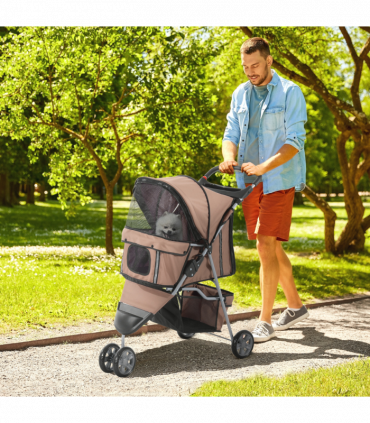 Pet Stroller Pushchair Carrier for Cat Puppy with 3 Wheels Brown Pawhut