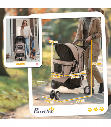 Pet Stroller Pushchair Carrier for Cat Puppy with 3 Wheels Brown Pawhut