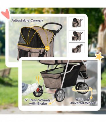 Pet Stroller Pushchair Carrier for Cat Puppy with 3 Wheels Brown Pawhut