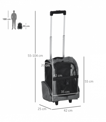 Pet Travel Backpack Bag Cat Dog Carrier w/ Trolley and Telescopic Wheel Grey