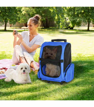 Pet Travel Backpack Bag Cat Puppy Dog Carrier w/ Trolley and Telescopic Wheel
