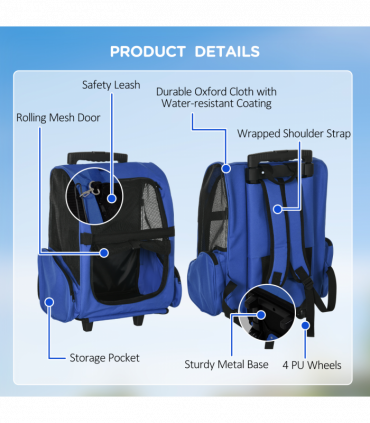 Pet Travel Backpack Bag Cat Puppy Dog Carrier w/ Trolley and Telescopic Wheel