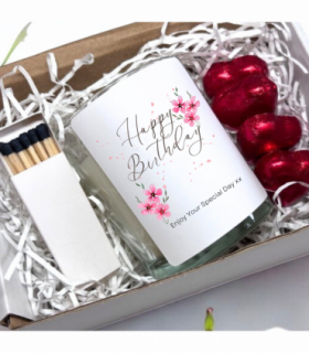 Pink Flowers Happy Birthday Candle Gift Set | Birthday Gift Box For Her | Birthday Gift | Birthday Gift Hamper | Mums Birthday Gift UK