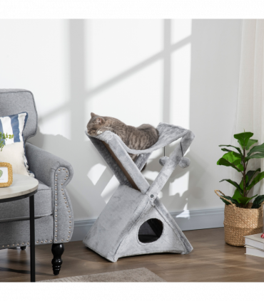 Plush Folding Cat Tree Play Rest Activity Tower w/ Scratching Post Grey Pawhut