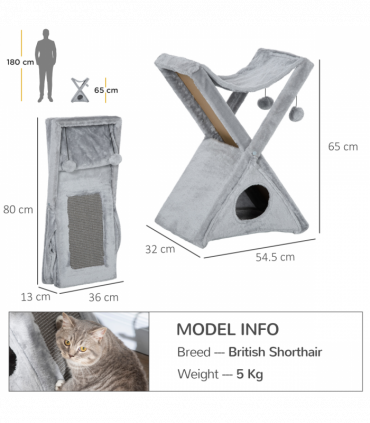 Plush Folding Cat Tree Play Rest Activity Tower w/ Scratching Post Grey Pawhut