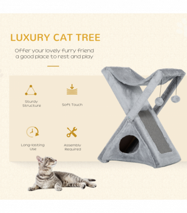 Plush Folding Cat Tree Play Rest Activity Tower w/ Scratching Post Grey Pawhut