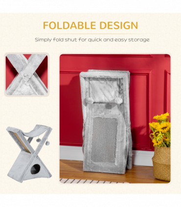 Plush Folding Cat Tree Play Rest Activity Tower w/ Scratching Post Grey Pawhut