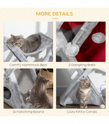 Plush Folding Cat Tree Play Rest Activity Tower w/ Scratching Post Grey Pawhut