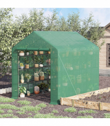 Poly Tunnel Steeple Walk in Greenhouse Removable Cover Shelves 244x180x210cm