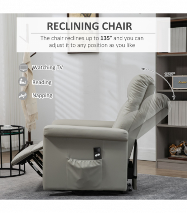 Power Lift Chair, PU Leather Electric Recliner with Side Pocket, Grey HOMCOM