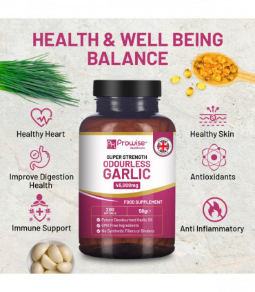 Premium Odourless Garlic Capsules - High Strength 45,000mg - 200 Softgels by Prowise