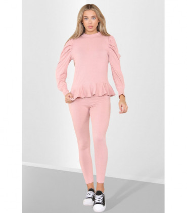 Puff Sleeves Set Frill Hem Peplum Ribbed Lounge Wear Suit