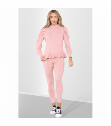 Puff Sleeves Set Frill Hem Peplum Ribbed Lounge Wear Suit