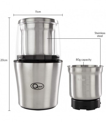 Quest Compact Stainless Steel Electric Grinder, 80g, 200W, 20 x 12 x 12cm 34170