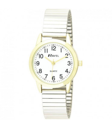 Ravel Ladies Bold Number White Dial Gold Expander Bracelet Watch R0232.22.2