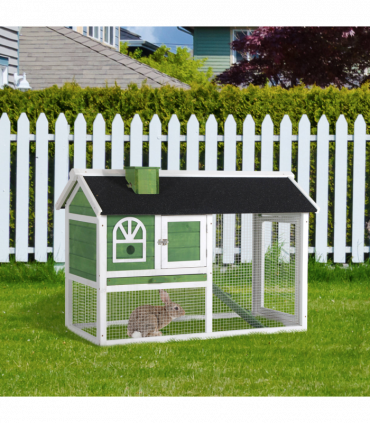 Rabbit Hutch Wood Bunny Cage for Outdoor Indoor w/ Pull Out Tray Run Ramp Green