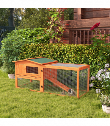 Rabbit Hutch and Run Outdoor Sliding Tray Hay Rack Ramp, 156x58x68 cm Pawhut