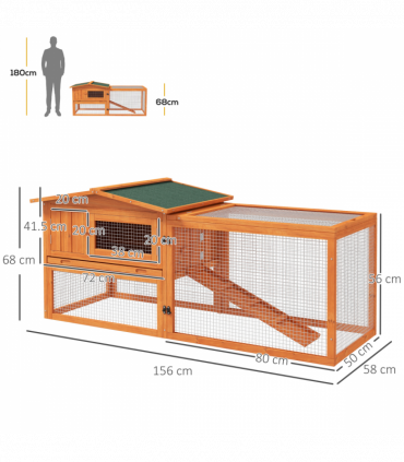 Rabbit Hutch and Run Outdoor Sliding Tray Hay Rack Ramp, 156x58x68 cm Pawhut