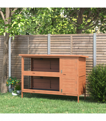 Rabbit Hutch for Two Rabbits Outdoor Guinea Pig Cage w/ Removable Trays, Orange