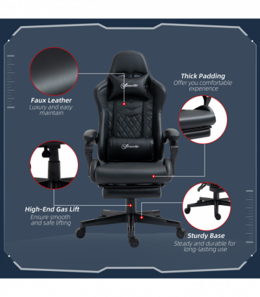 Racing Gaming Chair PU Leather Gamer Recliner Home Office, Black