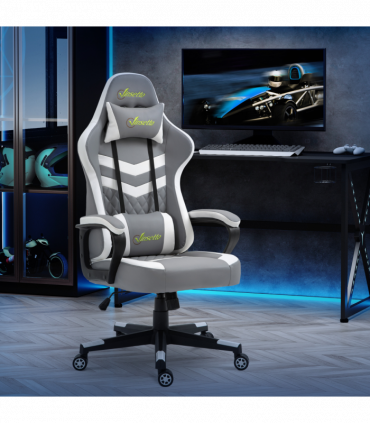 Racing Gaming Chair w/ Lumbar Support, Headrest, Gamer Office Chair, Grey White