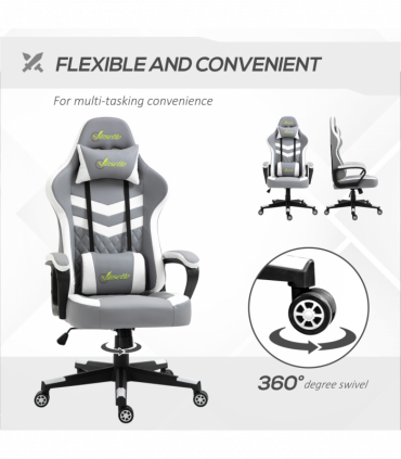 Racing Gaming Chair w/ Lumbar Support, Headrest, Gamer Office Chair, Grey White