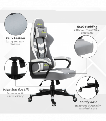 Racing Gaming Chair w/ Lumbar Support, Headrest, Gamer Office Chair, Grey White