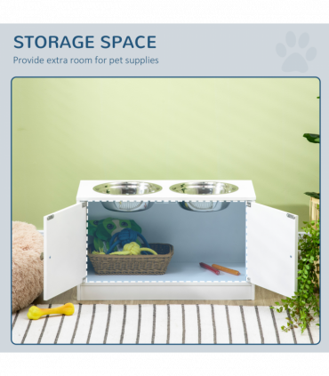 Raised Dog Bowls for Large Dogs Feeding Station Stand, Storage - White Pawhut