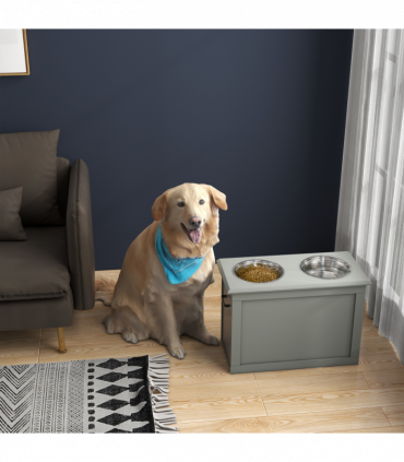 Raised Pet Dog Bowls w/ Storage, Two Bowls, Elevated Base - Grey