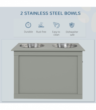 Raised Pet Dog Bowls w/ Storage, Two Bowls, Elevated Base - Grey