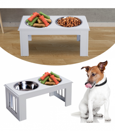Raised Pet Feeder Elevated Double Staninless Steel Bowls Stand Water White