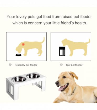 Raised Pet Feeder Elevated Double Staninless Steel Bowls Stand Water White