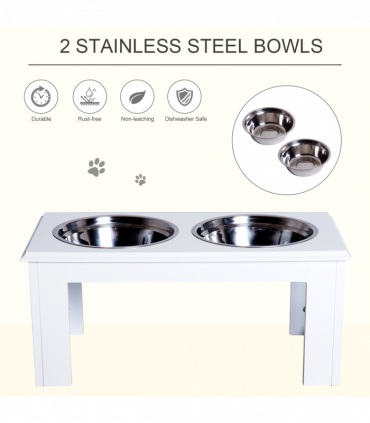 Raised Pet Feeder Elevated Double Staninless Steel Bowls Stand Water White
